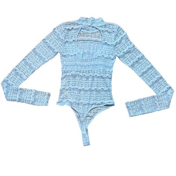 Free People Angelina Floral Lace Detail Bodysuit Size:S Color: Light Blue NWOT - Picture 7 of 7